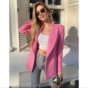 Zara Blogger’s Fave Double Breasted Textured Weave Pink Blazer Size S